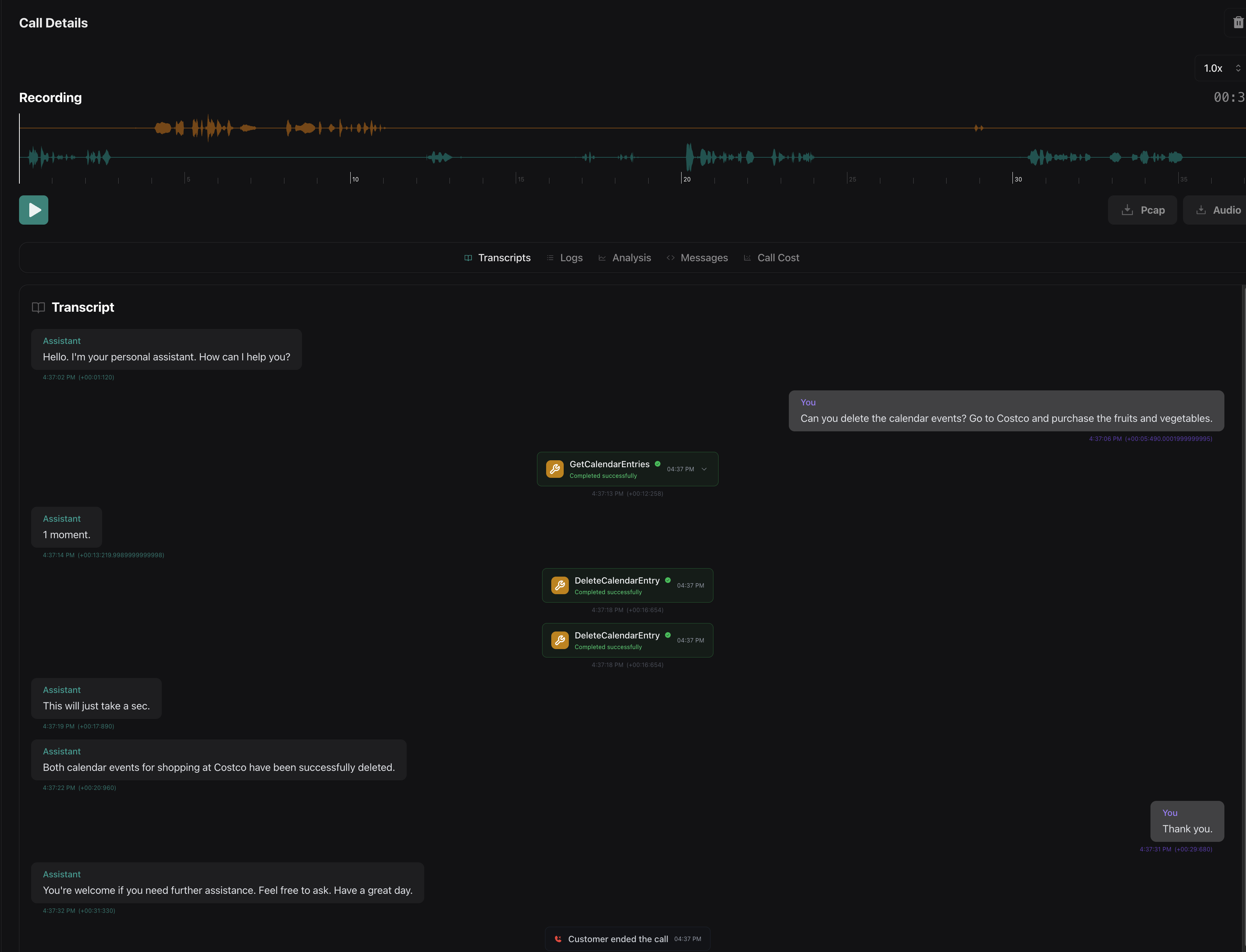 Delete Calendar Event Call Transcript